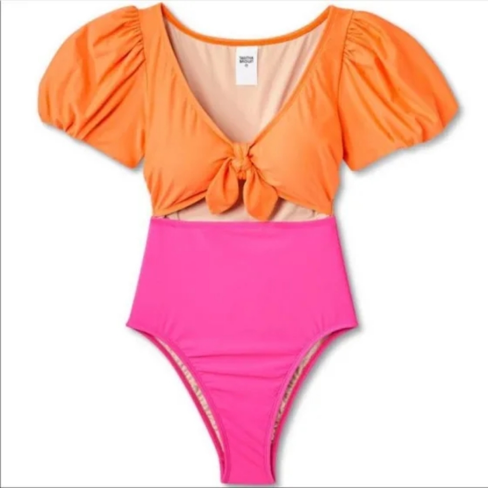 Colorblock Puff Sleeve Tie-front One Piece Swimsuit